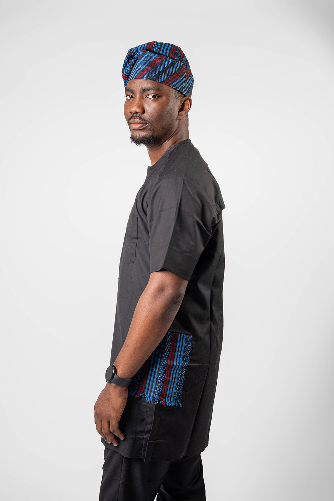 Black Kaftan with Aso Oke Pockets with Black Pants and Cap