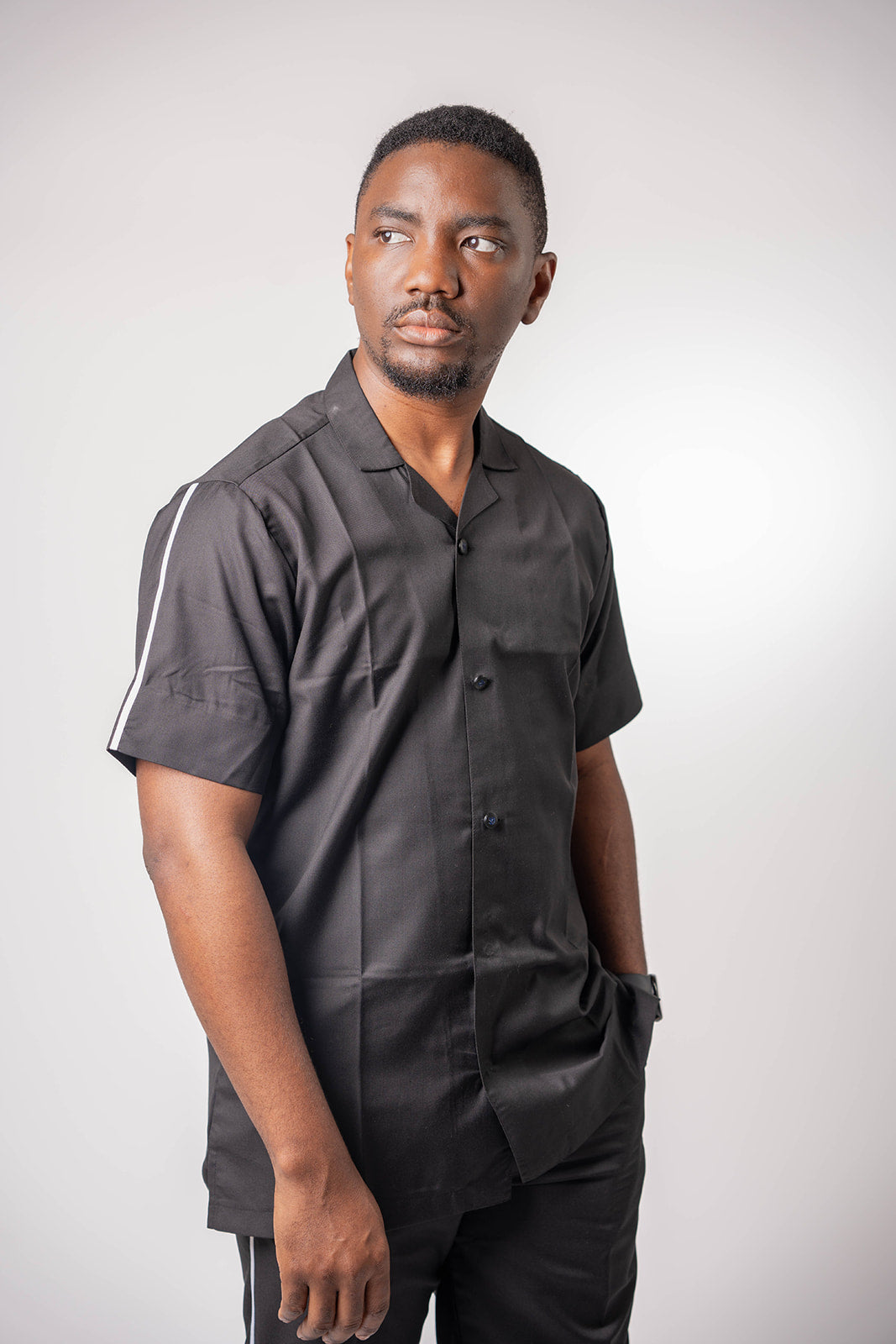 Black Kaftan with French Suit Neckline and White Stripes
