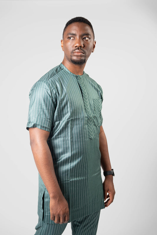 Green and White Kaftan with Short Sleeves