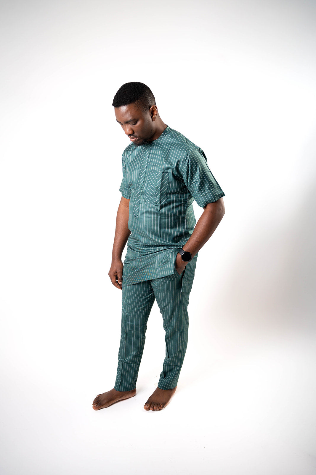 Green and White Kaftan with Short Sleeves