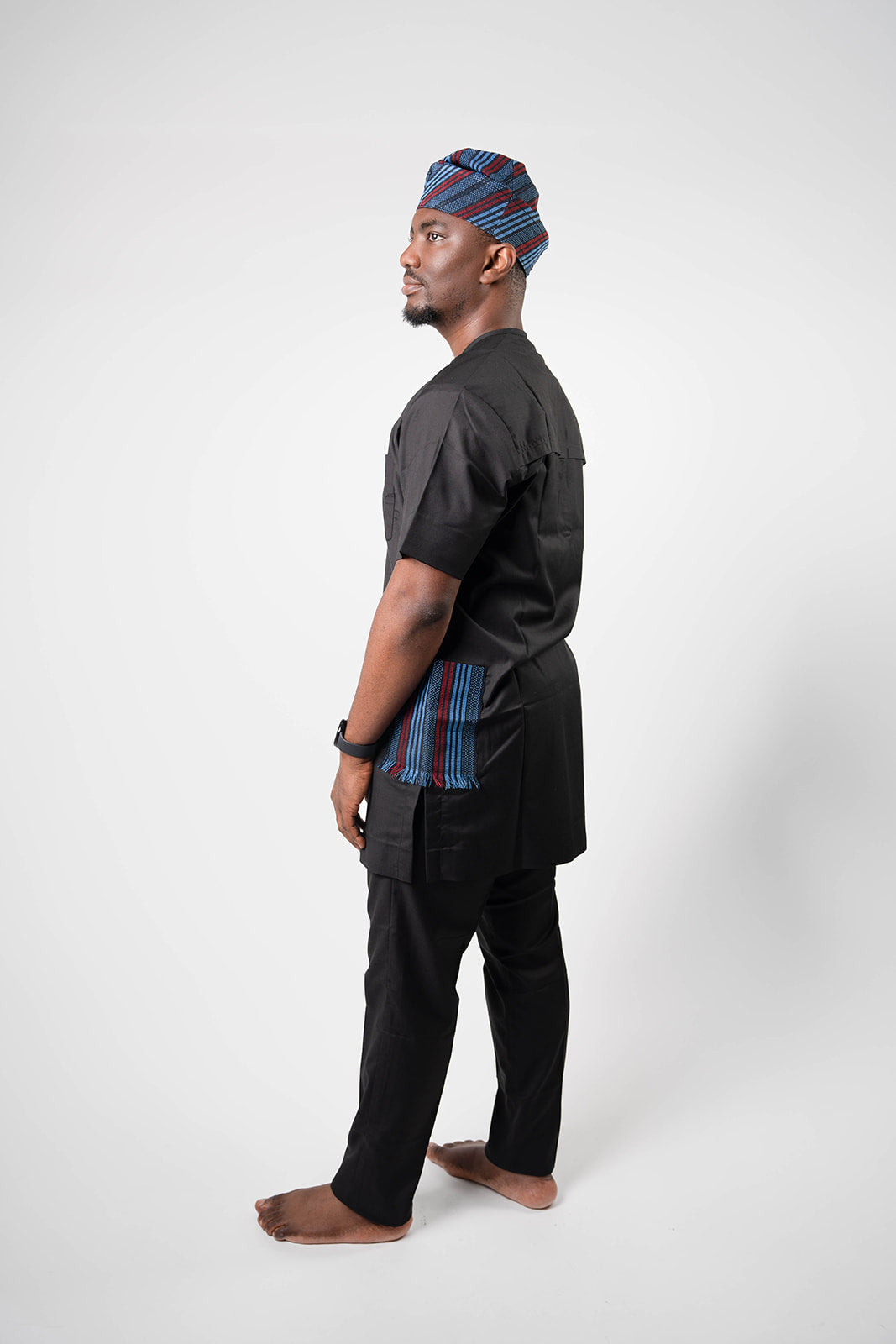 Black Kaftan with Aso Oke Pockets with Black Pants (without Cap)