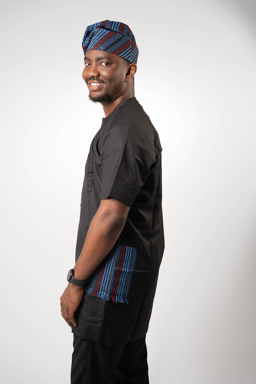 Black Kaftan with Aso Oke Pockets with Black Pants (without Cap)