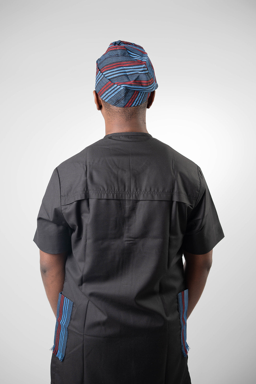 Black Kaftan with Aso Oke Pockets with Black Pants (without Cap)