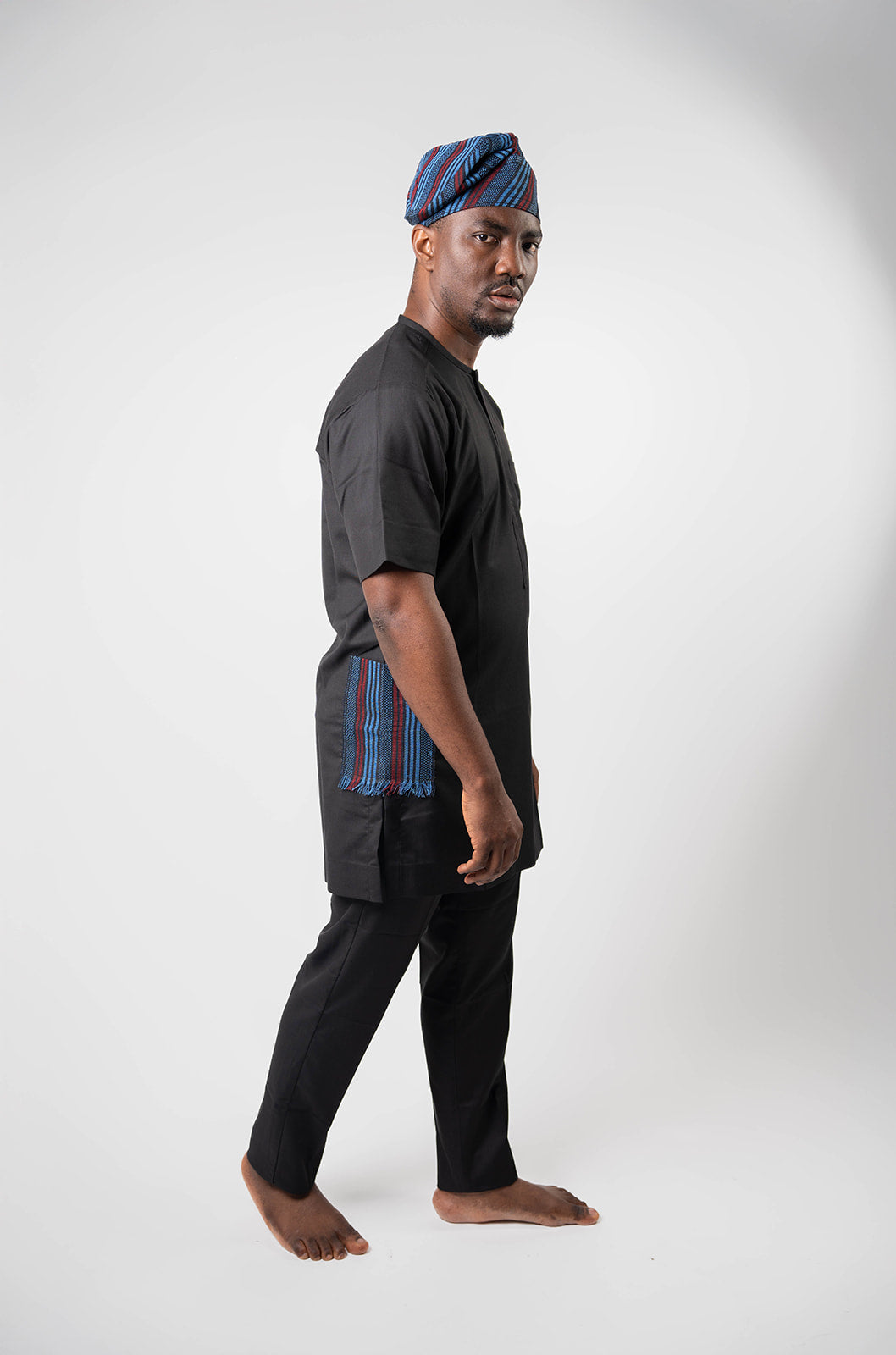 Black Kaftan with Aso Oke Pockets with Black Pants (without Cap)