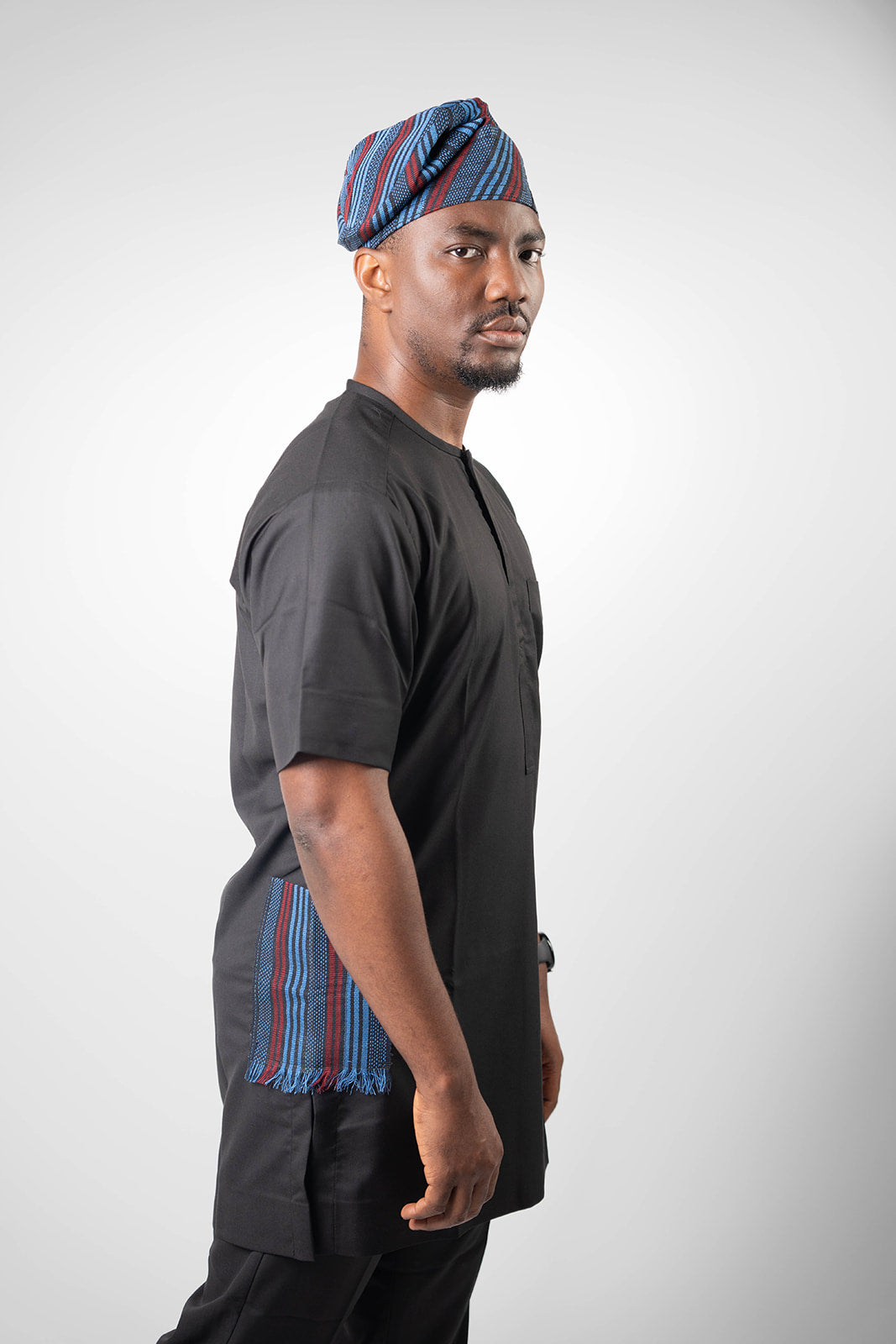 Black Kaftan with Aso Oke Pockets with Black Pants (without Cap)